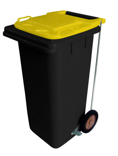 120L BLACK PLASTIC WASTE CONTAINER/YELLOW LID WITH FOOT PEDAL