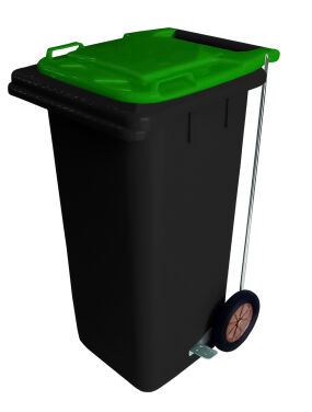 120L BLACK PLASTIC WASTE CONTAINER/GREEN LID WITH FOOT PEDAL